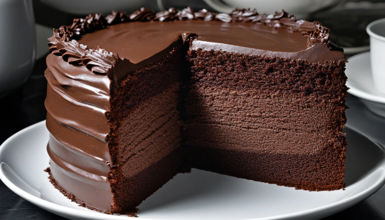 Close-up of black velvet cake with dark cocoa crumb and creamy white frosting