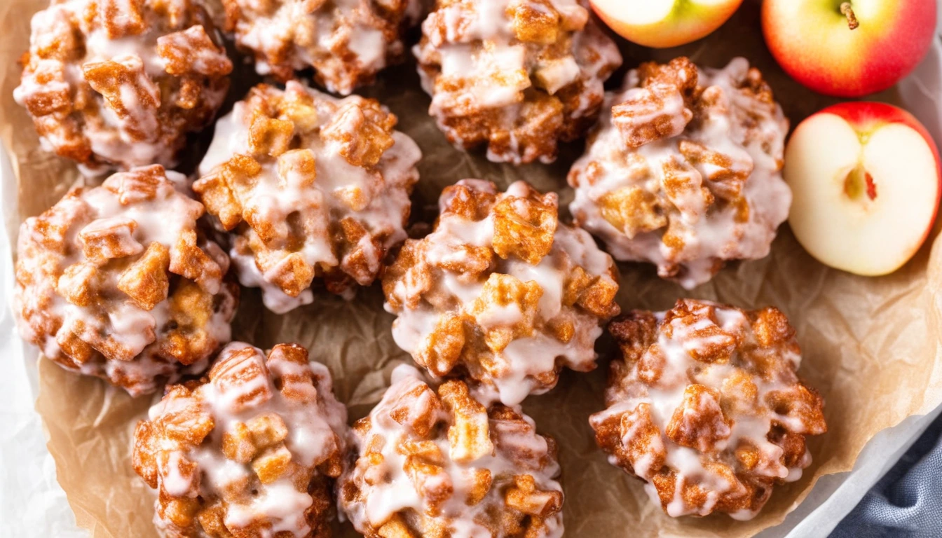 Glazed baked apple fritters on parchment paper, fresh from the oven
