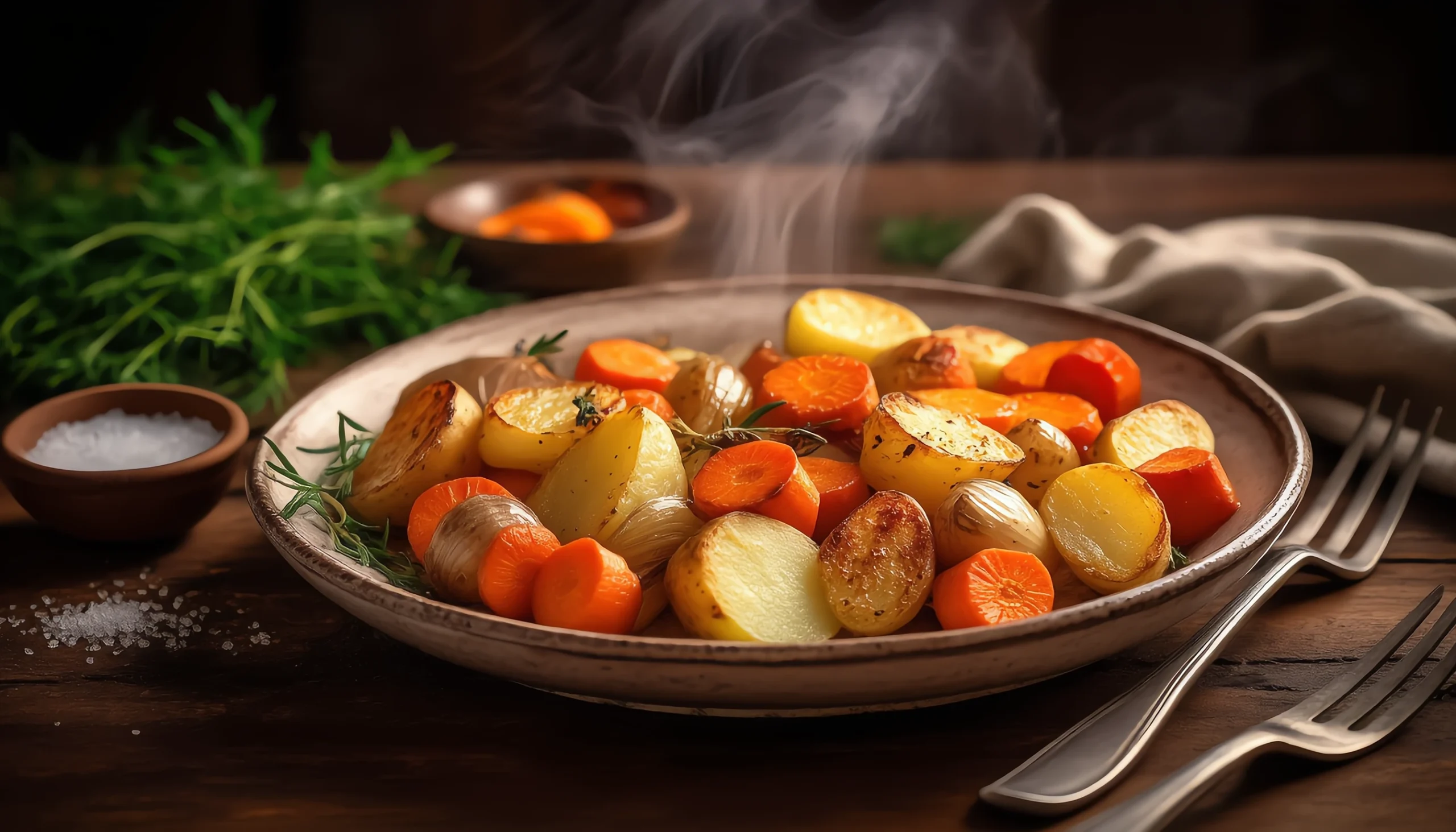 Roasted carrots, potatoes, and onions on a baking sheet with herbs