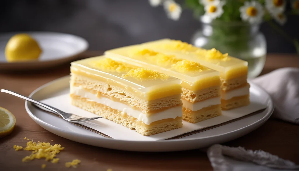 Refreshing No-Bake Lemon Éclair Cake – Easy & Impressive CaptionThis chilled lemon dessert is creamy, tangy, and takes just minutes to prepare—no oven required! Sliced lemon éclair cake with creamy layers and lemon garnish