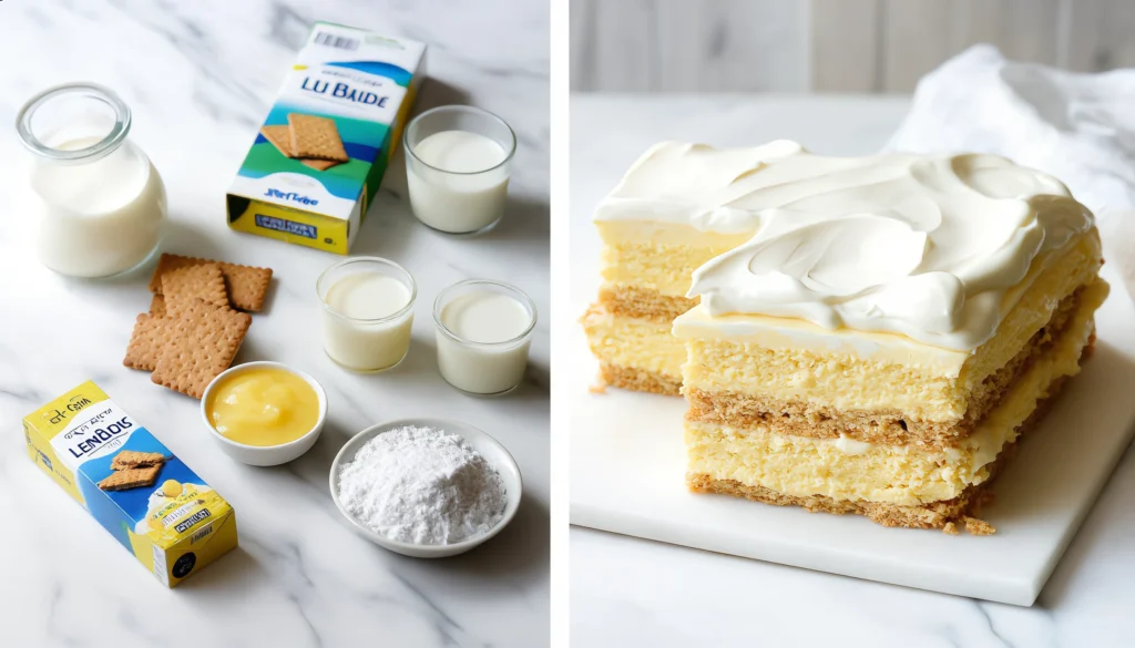 No-Bake Lemon Éclair Cake – Light, Zesty & Perfect for Summer No-bake lemon éclair cake topped with whipped cream and lemon zest in a glass dish
