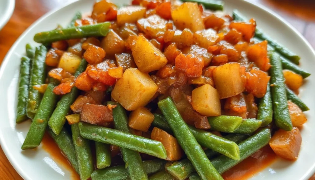 Smothered Green Beans and Potatoes Recipe – Savory, Tender, and So Satisfying Bowl of smothered green beans and red potatoes garnished with herbs