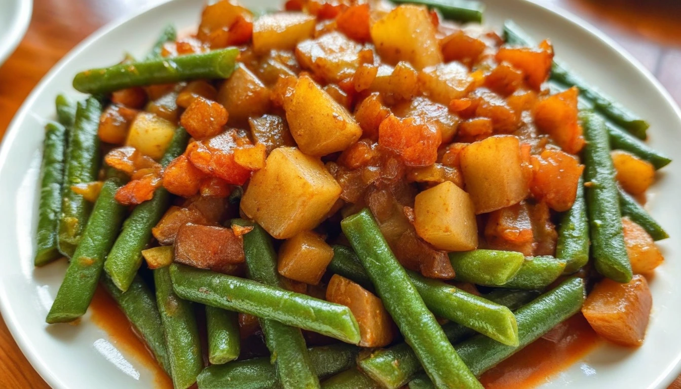 Bowl of smothered green beans and red potatoes garnished with herbs