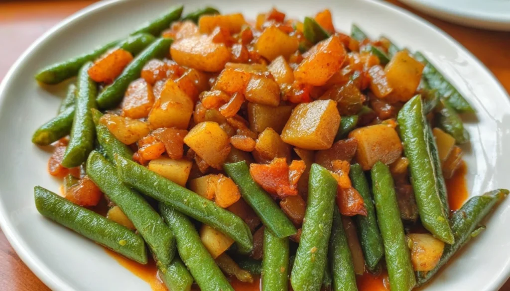 Comforting Smothered Green Beans with Potatoes – Easy & Delicious Close-up of smothered green beans and golden potatoes in a cast-iron pan