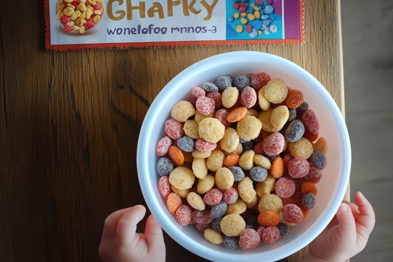 A colorful bowl of homemade baby trail mix with dried fruits and nuts.