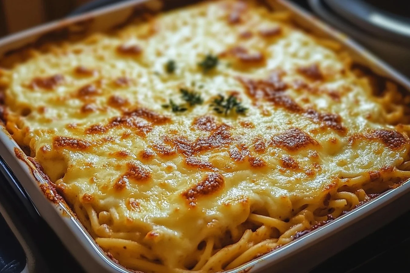 Baked Cream Cheese Spaghetti dish served with fresh herbs