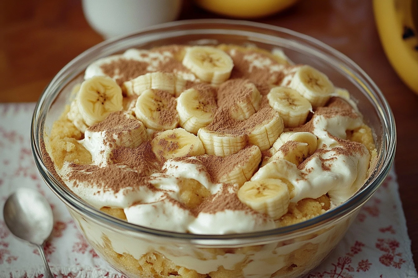 Delicious banana pudding lush served in a glass with whipped cream and banana slices