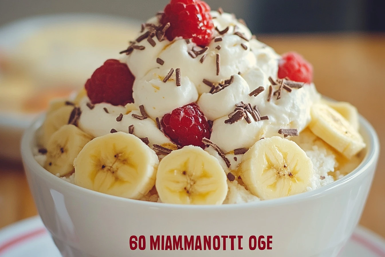 Banana Split Fluff dessert topped with whipped cream and cherries