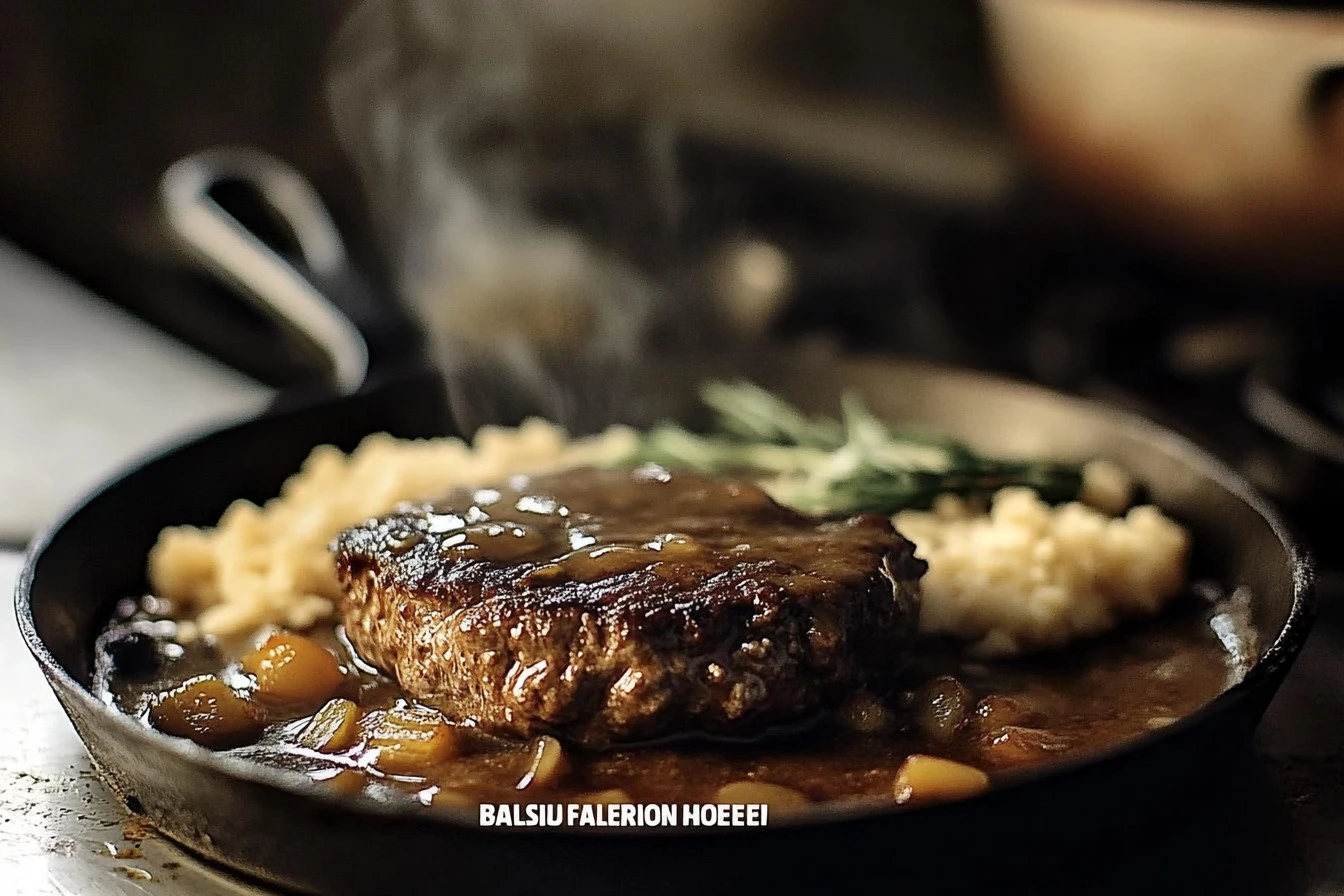 Bobby Flay-inspired Salisbury steak served with a savory mushroom gravy