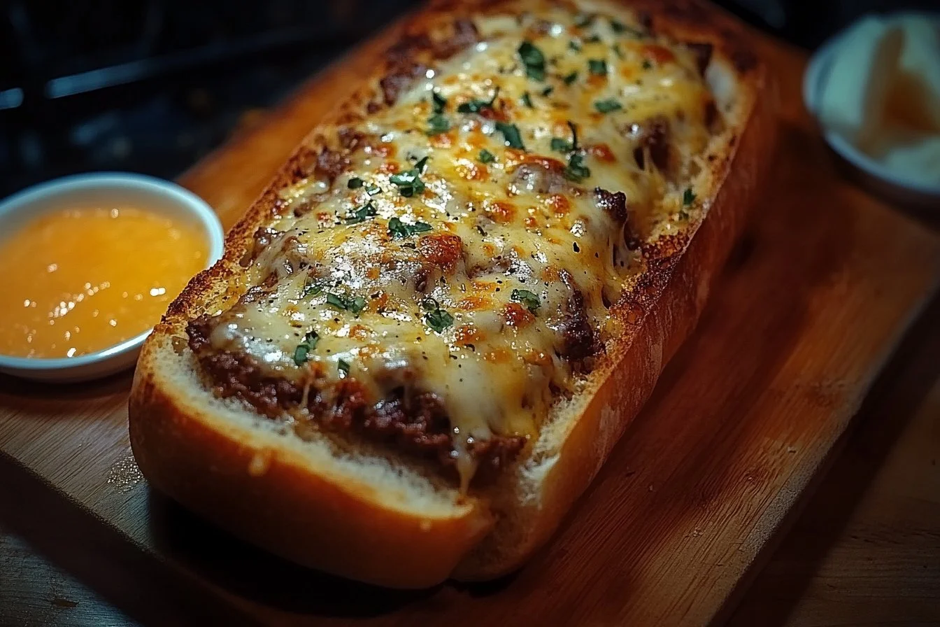 Cheesesteak stuffed garlic bread with melted cheese and flavorful filling