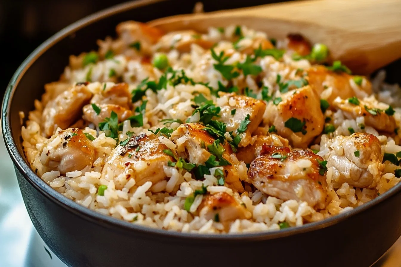 Delicious Chicken Garlic Parmesan Rice served on a plate with herbs.