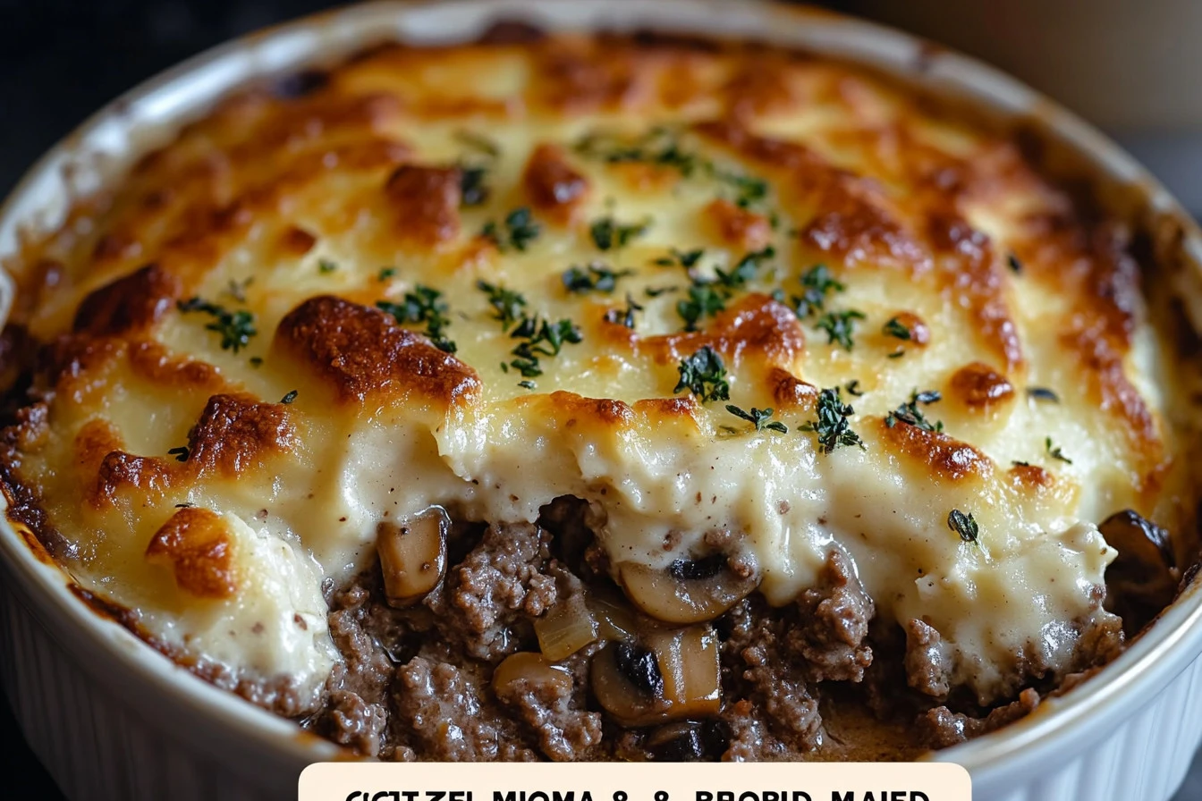 Creamy mushroom and ground beef bake in a casserole dish ready to serve.