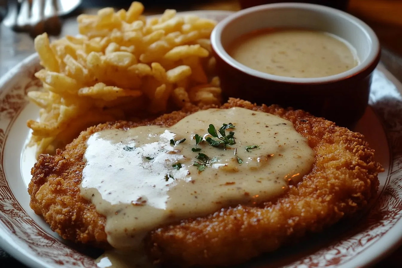 Crispy chicken fried steak topped with rich country gravy on a plate