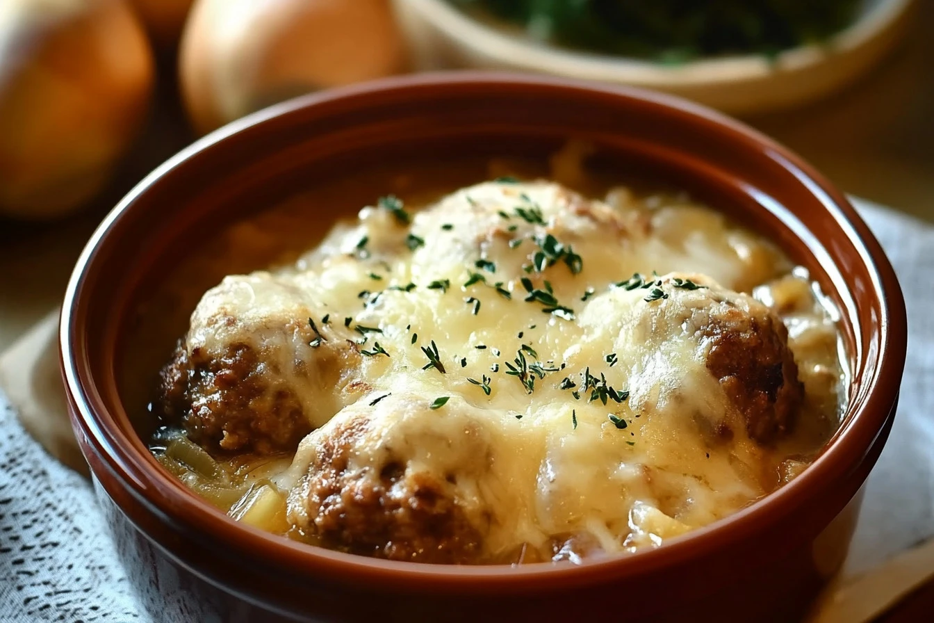 Delicious Crock Pot French Onion Meatballs served with melted cheese and herbs