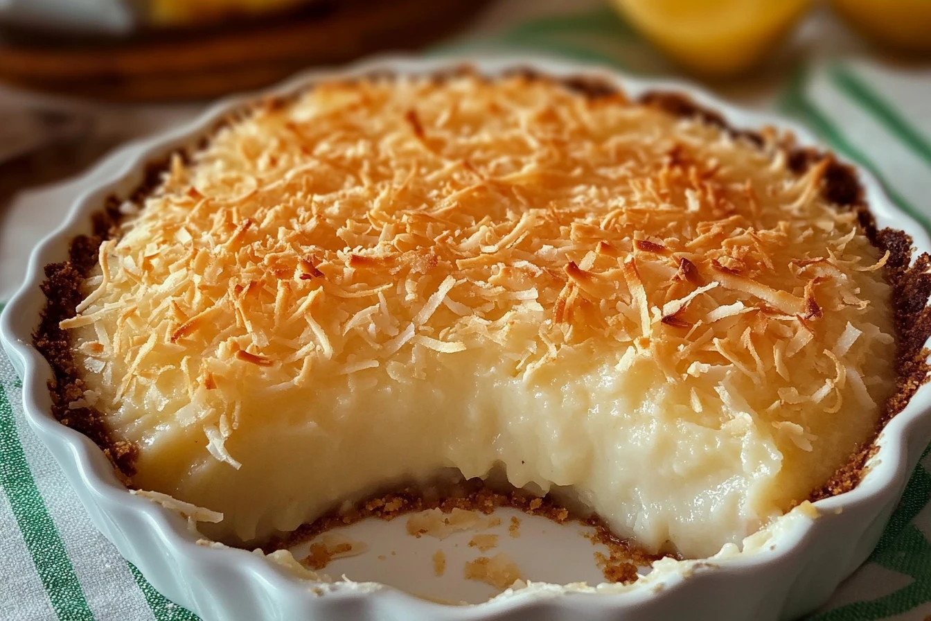 Delicious Crustless Coconut Pie topped with coconut flakes on a plate
