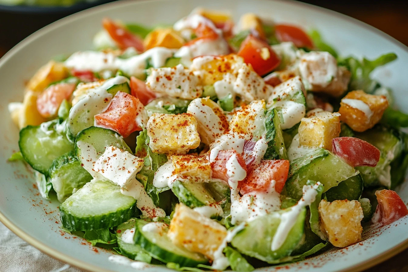 A fresh bowl of Cucumber Ranch Crack Salad with cucumbers, ranch dressing, and toppings.