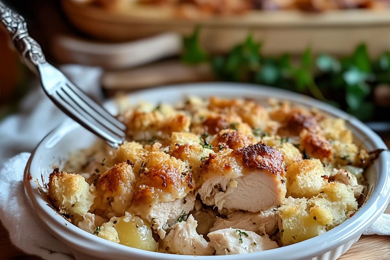 Dolly’s Chicken and Stuffing Casserole served in a baking dish with herbs