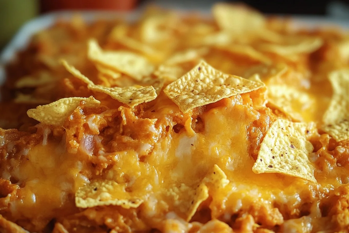 Delicious homemade Dorito Casserole served in a baking dish.