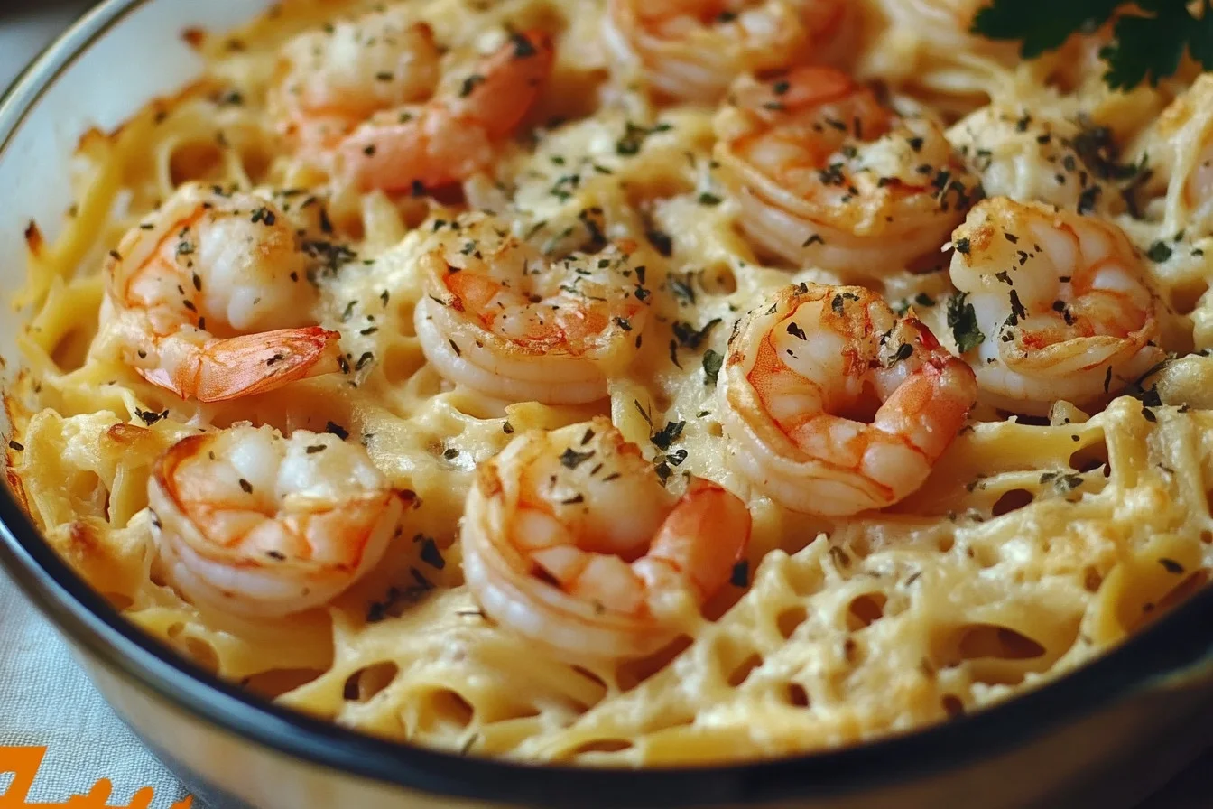 A delicious Easy Cheesy Shrimp Scampi Pasta Bake topped with melted cheese.