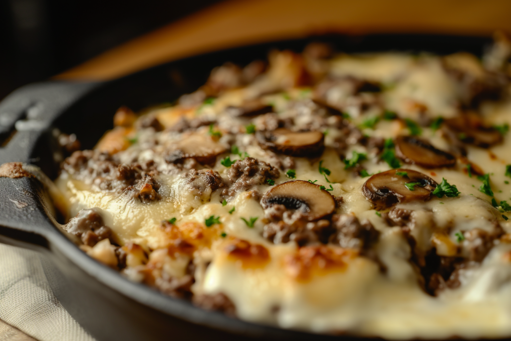 Serving of mushroom and beef casserole topped with melted cheese on a plate
