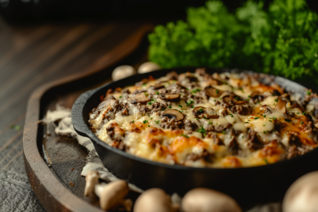 Creamy mushroom and ground beef casserole baked until golden and bubbly
