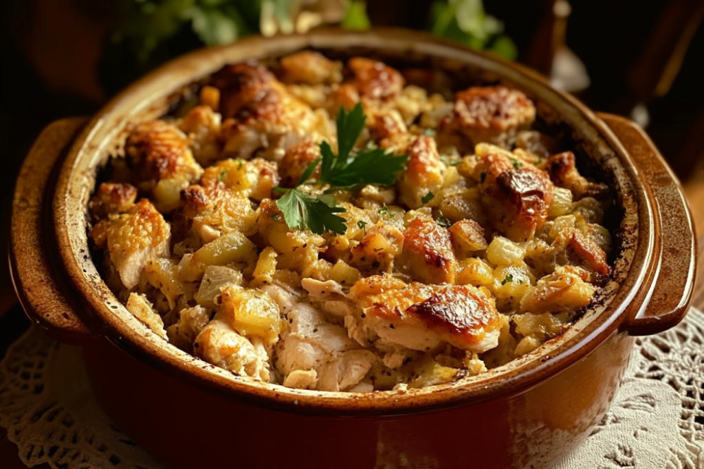 Dolly’s Chicken and Stuffing Casserole – Cozy & Classic : Dolly’s chicken and stuffing casserole in a baking dish with golden topping