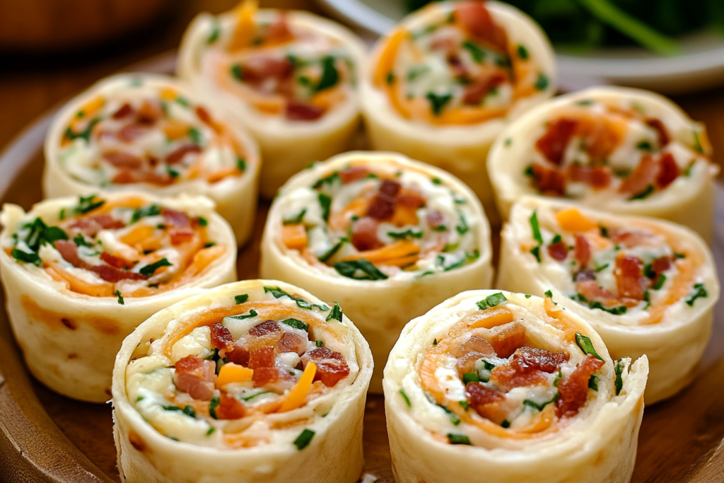 Cheddar Bacon Ranch Pinwheels – A Flavor-Packed Appetizer Cheddar bacon ranch pinwheels sliced on a platter with fresh herbs
