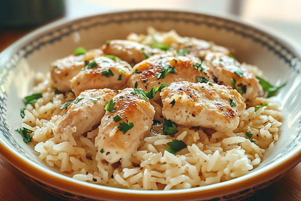Skillet Chicken Scampi with Parmesan Garlic Rice – Quick & Delicious Chicken scampi in garlic butter sauce with parmesan rice served in a skillet