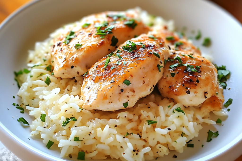 Easy Chicken Scampi with Creamy Parmesan Rice – 30-Minute Meal Garlic parmesan rice topped with chicken scampi and fresh herbs