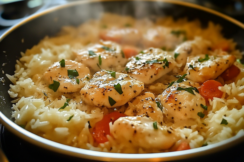 Chicken Scampi with Garlic Parmesan Rice – Easy & Flavorful Dinner Chicken scampi served over garlic parmesan rice on a white dinner plate