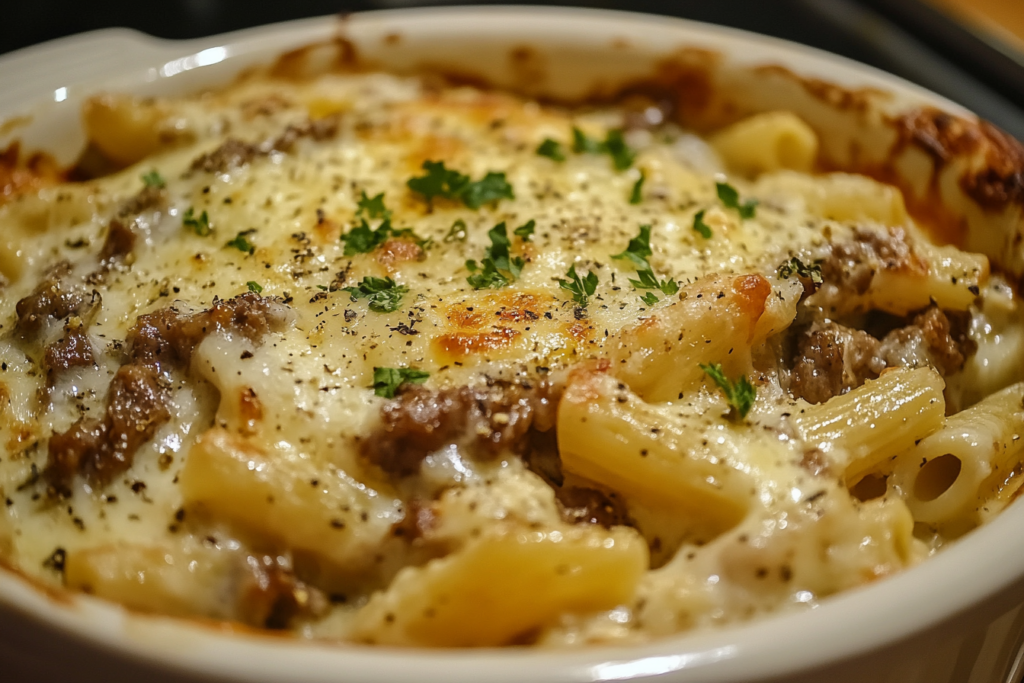 Crockpot Philly Cheesesteak Pasta Casserole – A Hearty One-Pot Meal Crockpot Philly cheesesteak pasta casserole topped with melted cheese and peppers