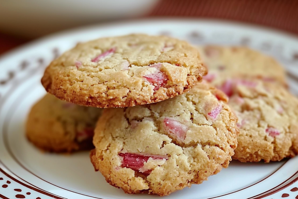 Rhubarb Shortbread Cookies – Buttery, Tart & Delicious Rhubarb shortbread cookies stacked on a plate with fresh rhubarb