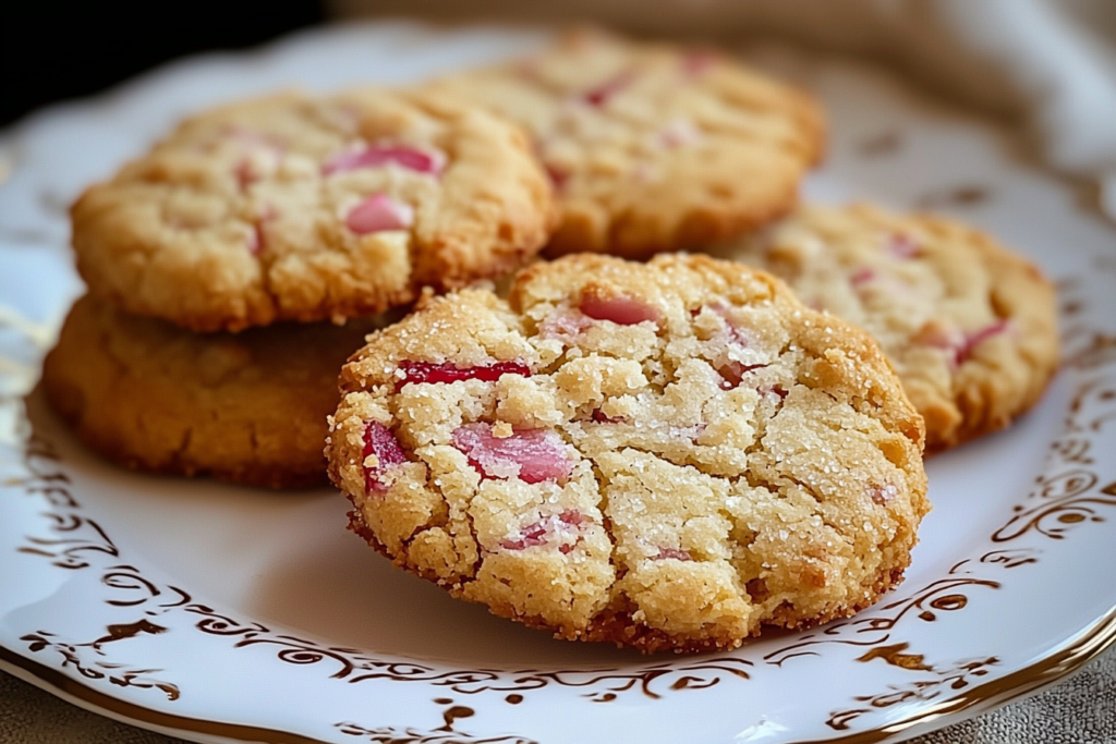 Buttery Rhubarb Shortbread Cookies – A Unique Sweet & Tart Treat Close-up of golden rhubarb shortbread cookies with pink rhubarb bits