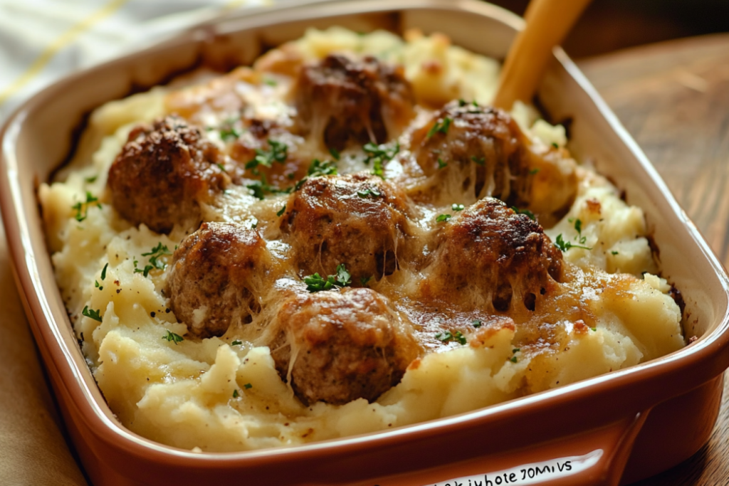 Creamy Mashed Potato & Meatball Casserole – Easy & Delicious Close-up of cheesy meatball and mashed potato casserole with herbs