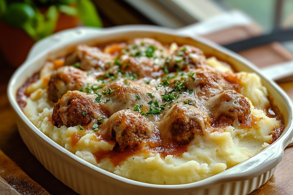 Meatball & Mashed Potato Bake – A Comfort Food Classic-c7d1-4a26-bcd2-051059b45ed1 Baked dish with meatballs and mashed potatoes topped with melted cheese