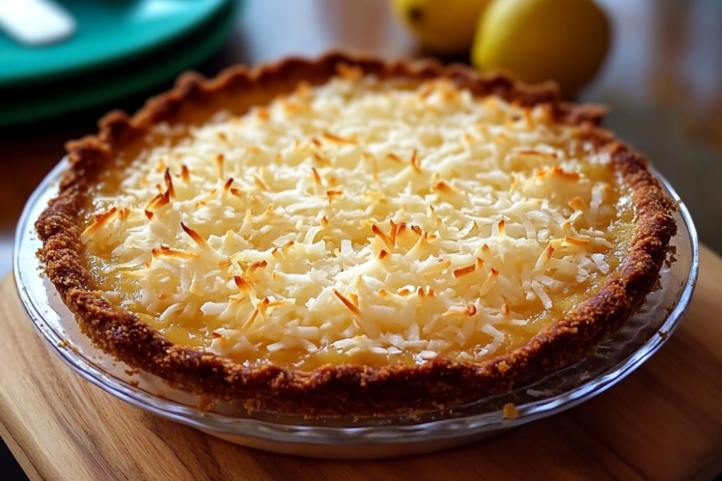 Easy Crustless Coconut Pie – A One-Dish Dessert Favorite Homemade coconut pie without crust in a baking dish, lightly browned on top