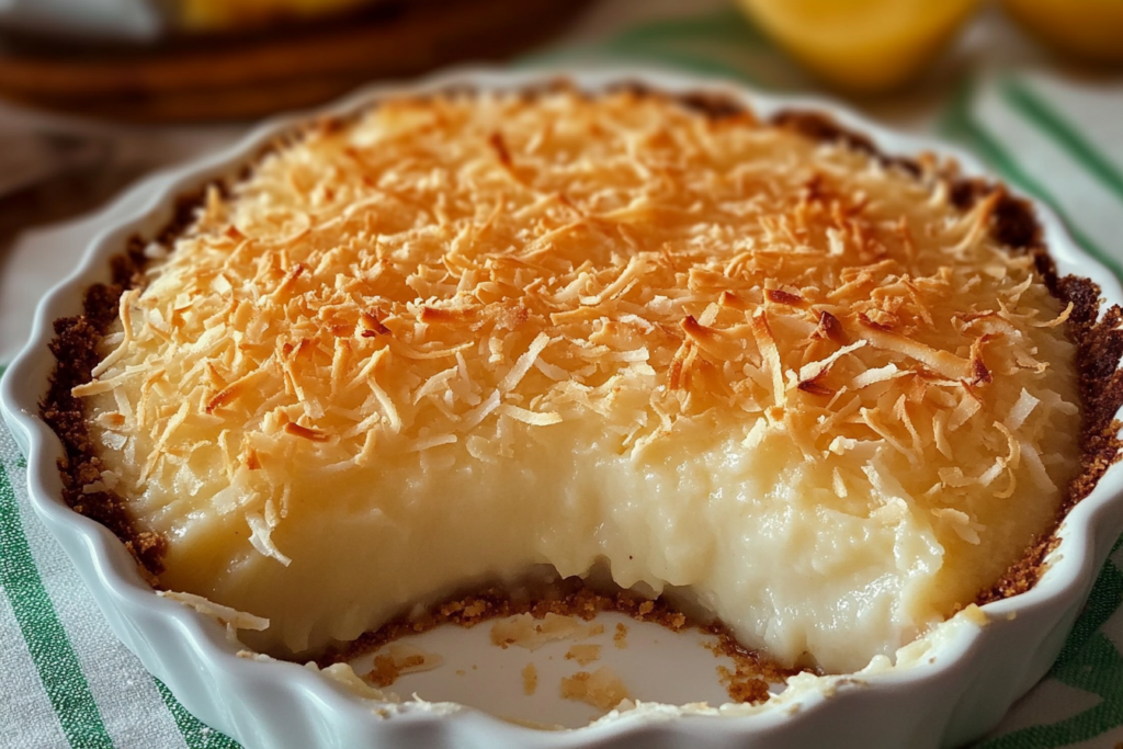 Crustless Coconut Pie – Easy, Creamy, and Full of Tropical Flavor-eb8c-4454-a487-3fc58b9d591b Slice of crustless coconut pie served on a white plate with toasted coconut on top