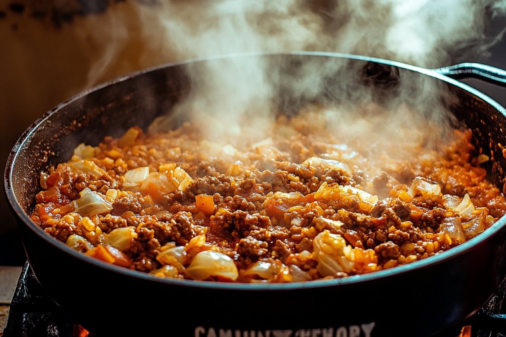 Cajun Cabbage Jambalaya – A Bold, Flavor-Packed Comfort Dish Cajun cabbage jambalaya with ground beef and sausage in a skillet