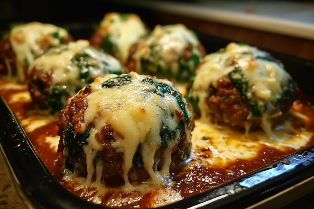 Garlic Spinach Meatballs – A Tasty Twist on the Classic Golden brown meatballs with spinach and garlic on a plate