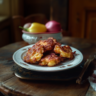 Golden rhubarb fritters dusted with powdered sugar on a dessert plate