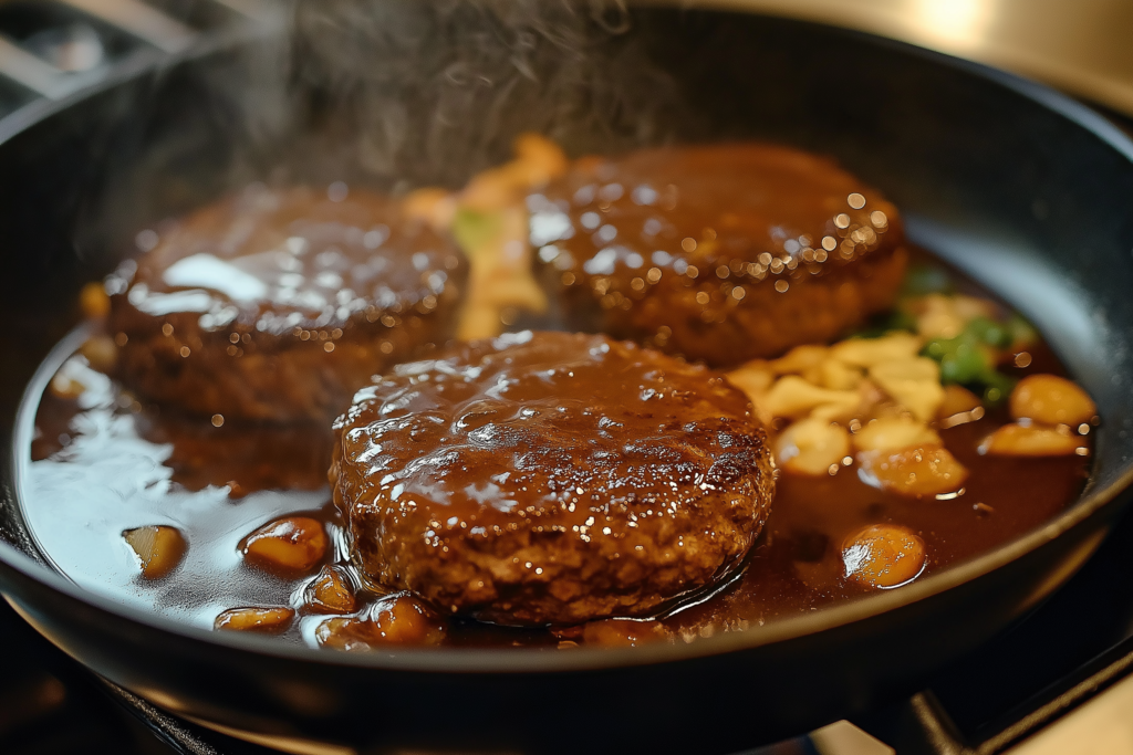 Comforting Salisbury Steak with Onion Gravy – Bobby Flay Style Homemade Salisbury steak with golden brown sear and gravy in a skillet