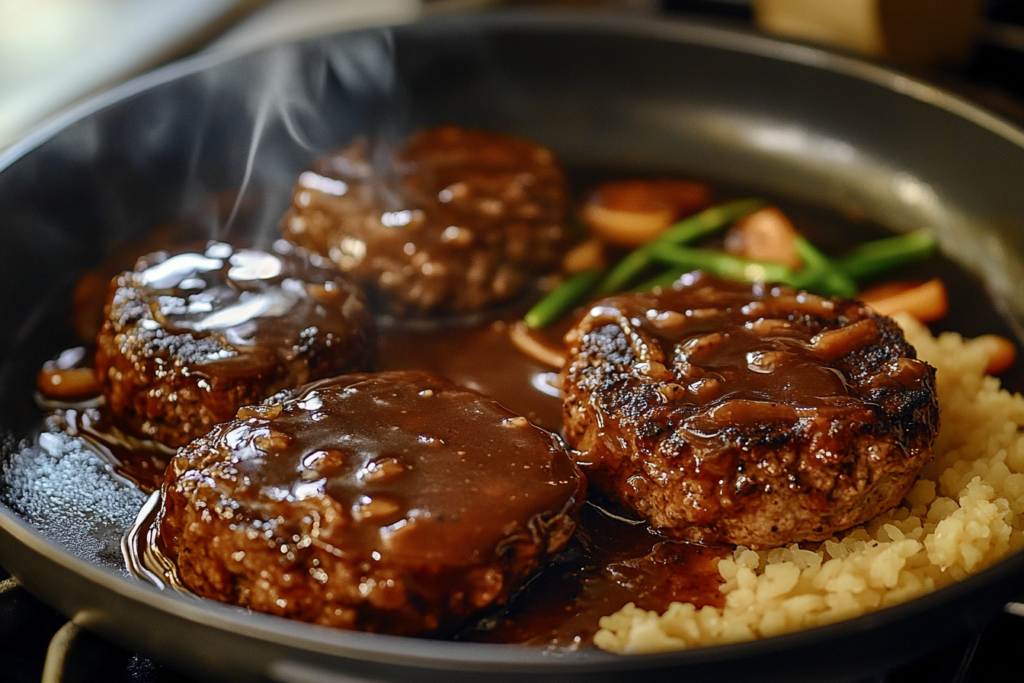 Bobby Flay–Inspired Salisbury Steak – A Classic with a Gourmet Twist Salisbury steak smothered in rich onion gravy with mashed potatoes on the side