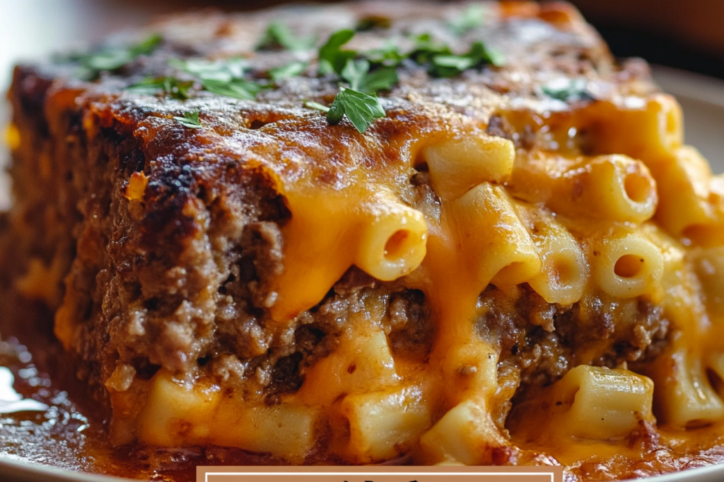 Meatloaf Mac and Cheese Casserole – A Family Favorite Sliced meatloaf topped with creamy macaroni and cheese in a casserole dish