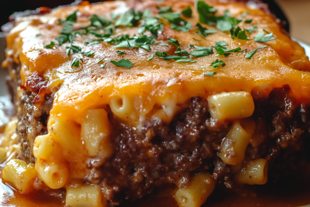 Mac and Cheese Meatloaf Casserole – Cheesy, Meaty, and Irresistible Mac and cheese meatloaf casserole with melted cheese topping in a baking dish