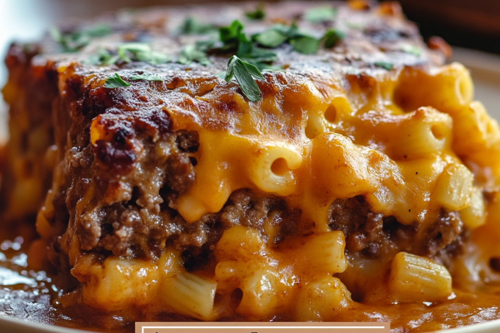 Cheesy Mac & Cheese Meatloaf Bake – One-Pan Perfection-cbde-48b1-acbe-0dfca04d43ee Cheesy mac and cheese meatloaf casserole fresh out of the oven with golden topping