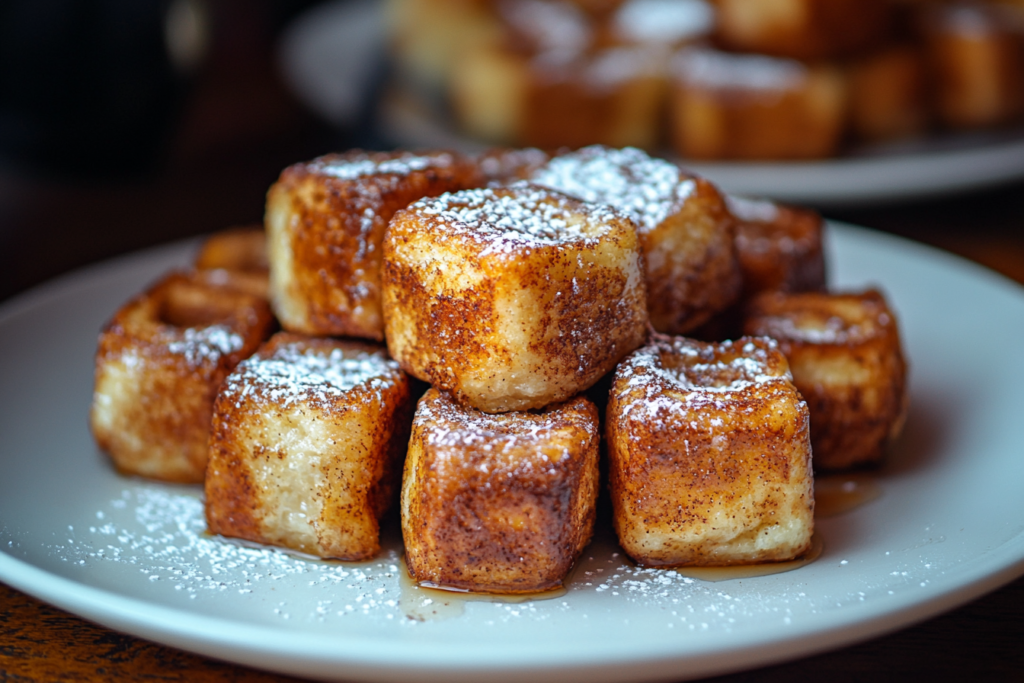 Cinnamon Roll French Toast Bites – A Morning Favorite Skillet of warm cinnamon roll French toast bites topped with icing