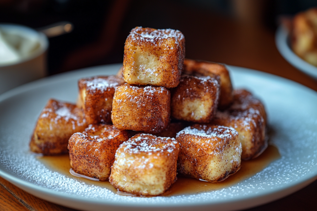Easy Cinnamon Roll French Toast Bites – Perfect for Brunch Golden brown French toast bites made from cinnamon rolls served with syrup