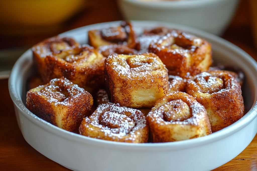 Cinnamon Roll French Toast Bites – Sweet, Soft & IrresistibleThese cinnamon roll French toast bites are the ultimate bite-sized breakfast treat! Cinnamon roll French toast bites drizzled with icing and dusted with cinnamon