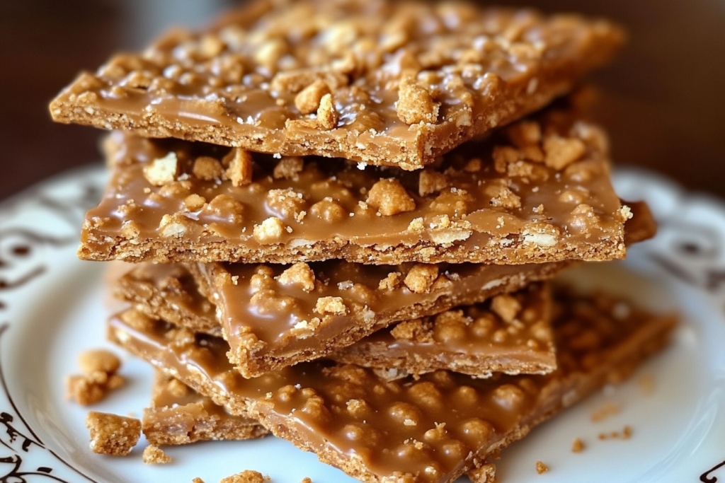 Easy Graham Cracker Toffee – The Best Quick Dessert Recipe Close-up of golden graham cracker toffee topped with nuts and chocolate drizzle