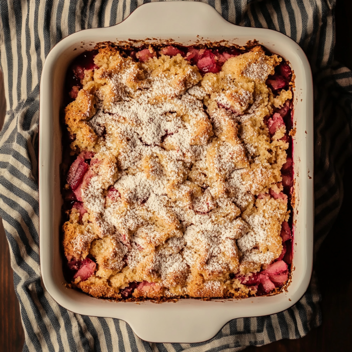 Rhubarb Dump Cake – Easy, Tangy & Totally Delicious Rhubarb dump cake with golden crust and juicy pink rhubarb filling